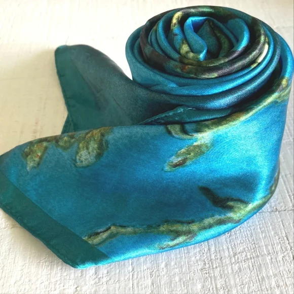 💖 Oversized boho satin blue Floral print print hair neck scarf whimsical - Picture 13 of 15